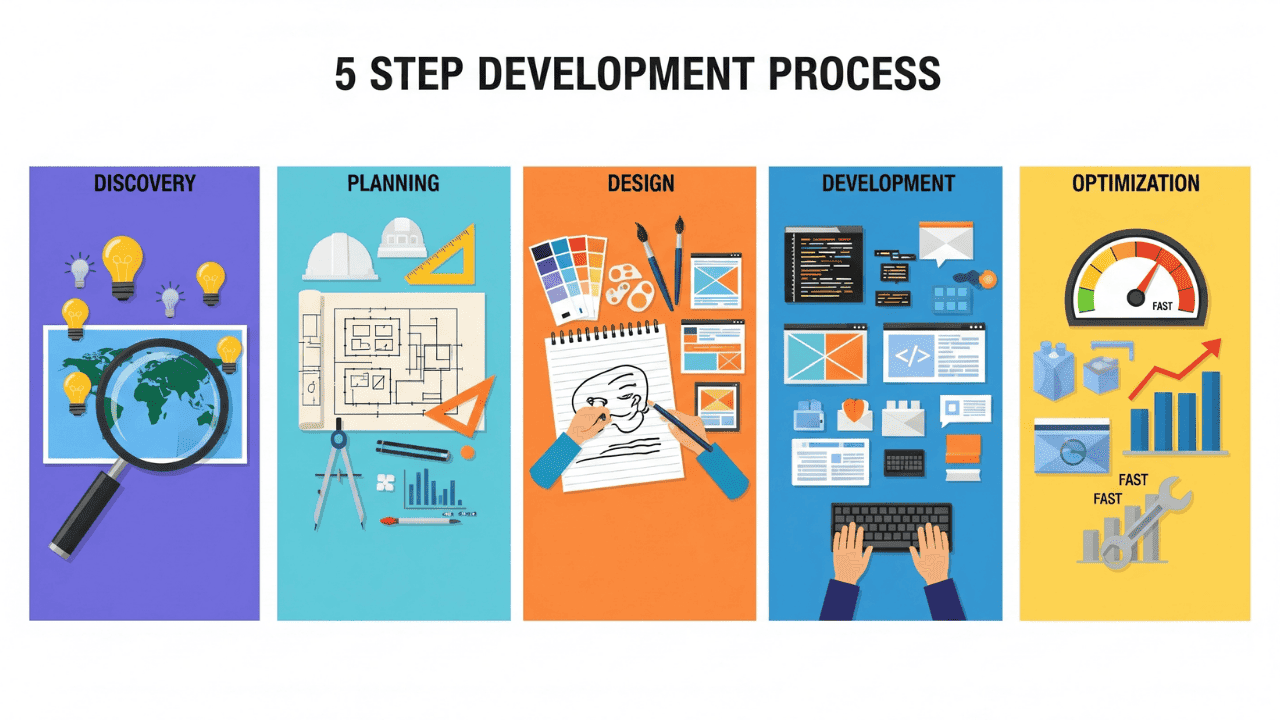 Infographic of the 5 step website development process: Discovery, Planning, Design, Development, and Optimization.