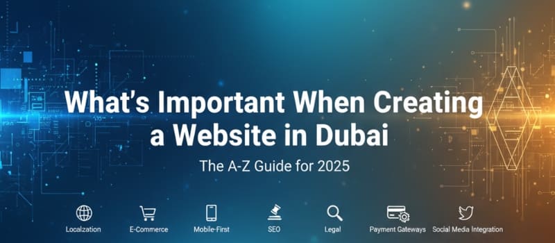 Digital background with abstract tech lines and icons representing website creation, SEO, e-commerce, mobile, legal, and payment gateways, with the title "What’s Important When Creating a Website in Dubai: The A-Z Guide for 2025".